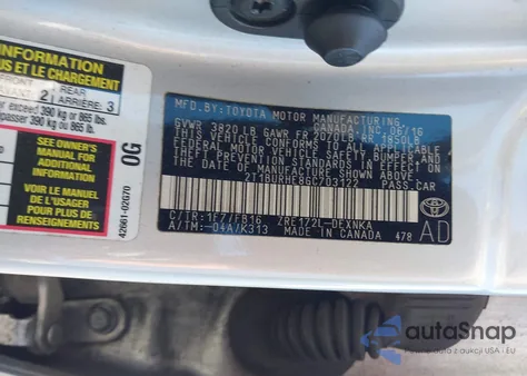 2016 Toyota Corolla Le Plus из США, поврежденный, VIN 2T1BURHE8GC703122